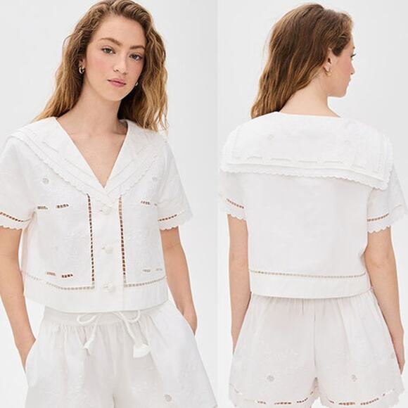 NWT Hunter Bell Embroidery Birdie Sailor V-Neck Button-Down Shirt White Size: M - Picture 1 of 8
